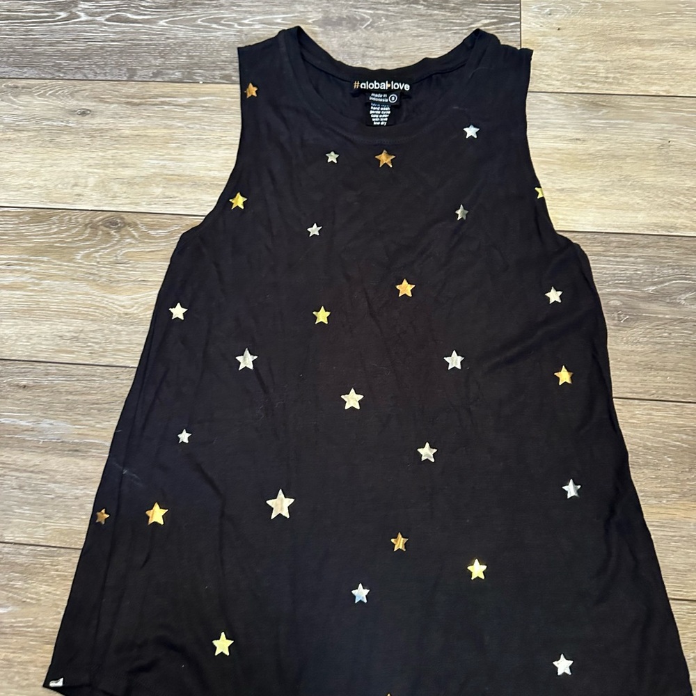 Global Love Black Tee With Gold and Silver Stars Sleeveless Tank Top